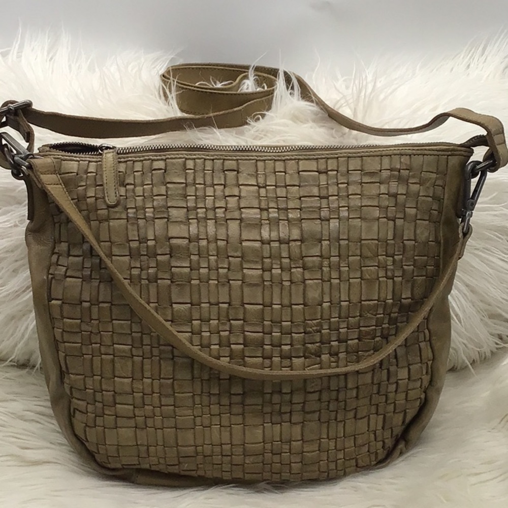Vilenca Holland Taupe Leather Basketweave Crossbody Bag